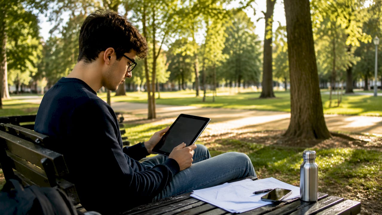 Un uomo sta utilizzando una piattaforma di e-learning mentre lavora in ufficio.