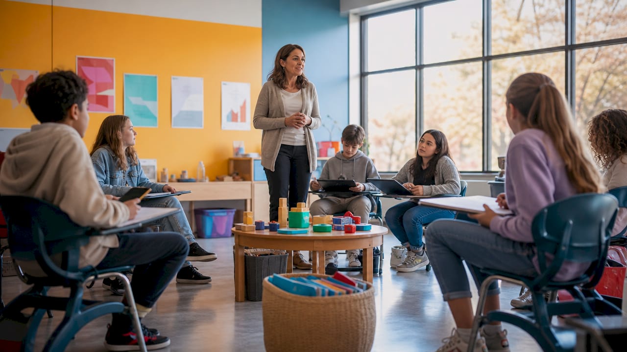 Lezione in classe con insegnante e alunni presenti
