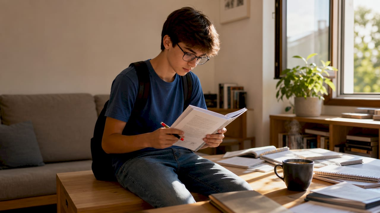 Ragazzo che studia per la patente e si prepara velocemente a casa