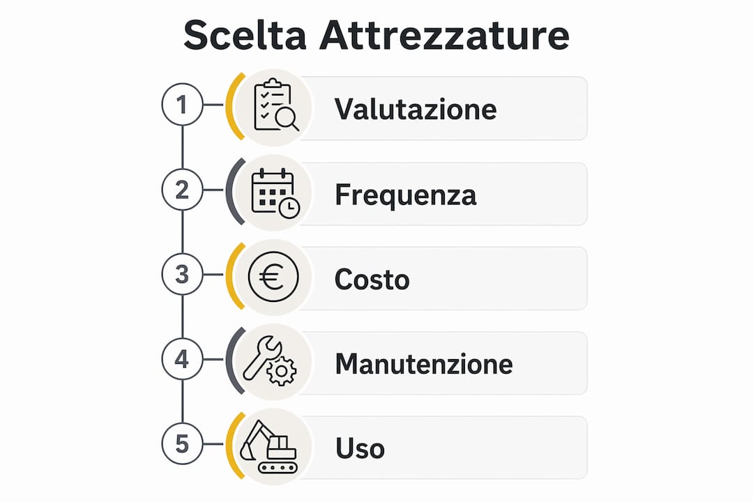 Infografica che illustra i passaggi fondamentali per scegliere le attrezzature da cantiere