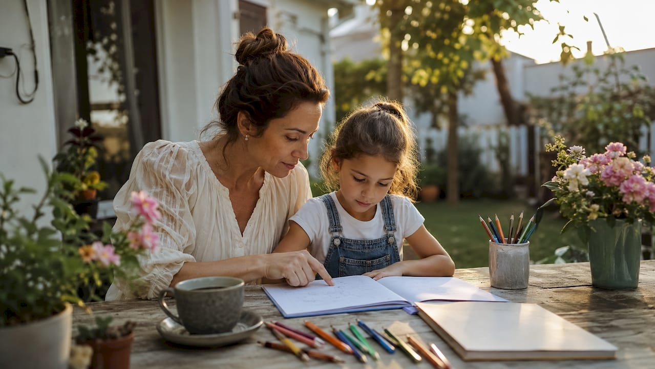 Una mamma che segue la figlia nello studio a casa, sedute insieme al tavolo della cucina.