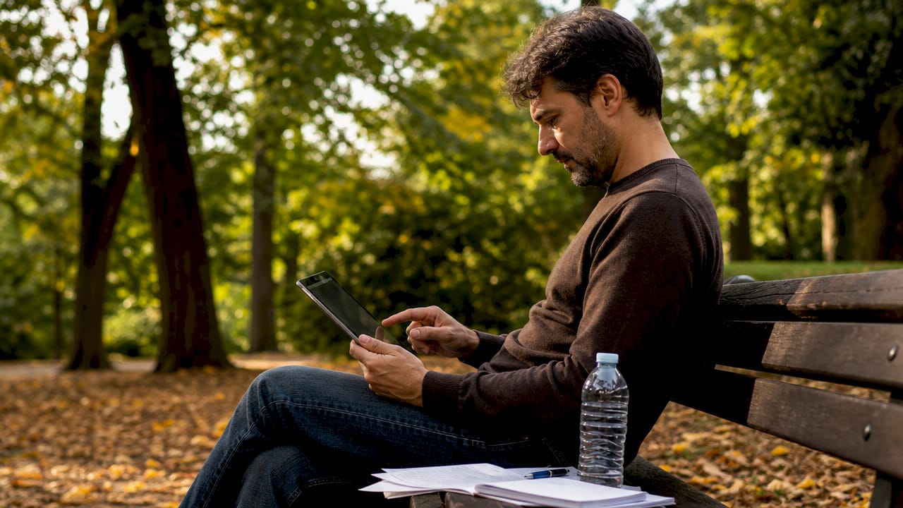 Un adulto segue un corso online a moduli utilizzando il tablet