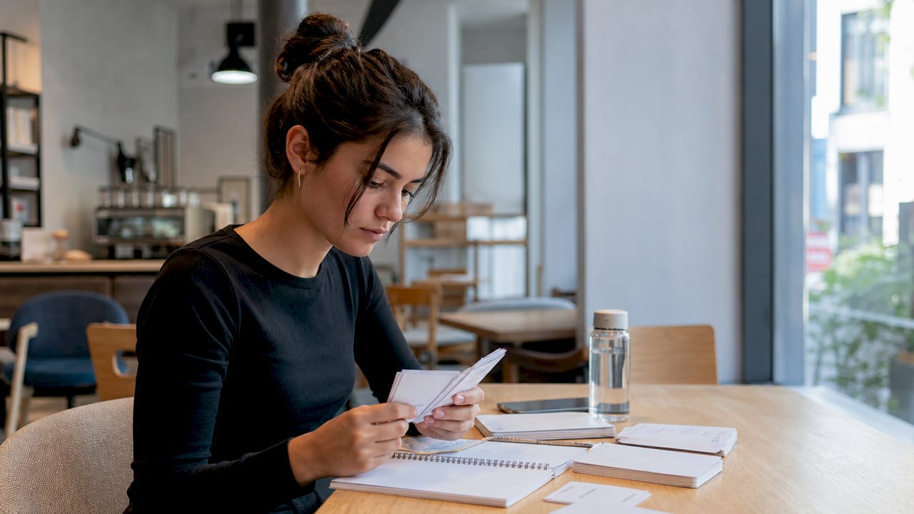 Uno studente concentrato sul proprio tavolo, intento a studiare materiali didattici suddivisi in moduli.
