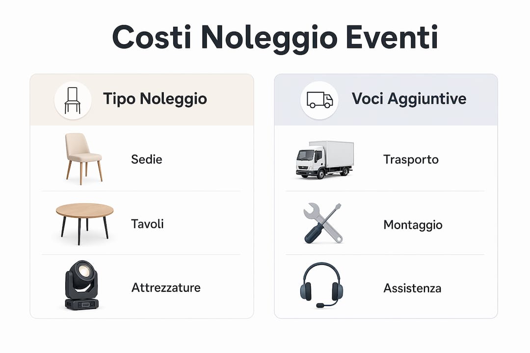 Confronto visivo dei prezzi per il noleggio attrezzature e servizi per eventi