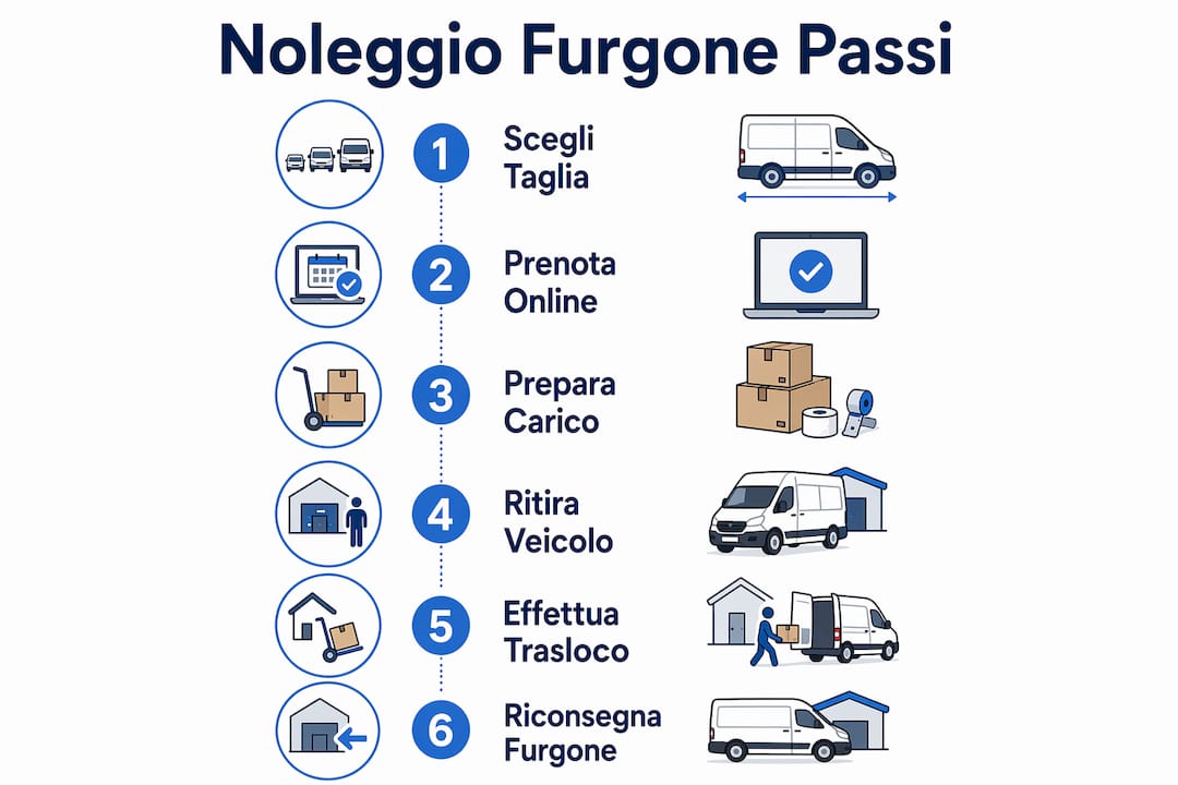 Schema verticale illustrato con tutte le fasi per noleggiare un furgone