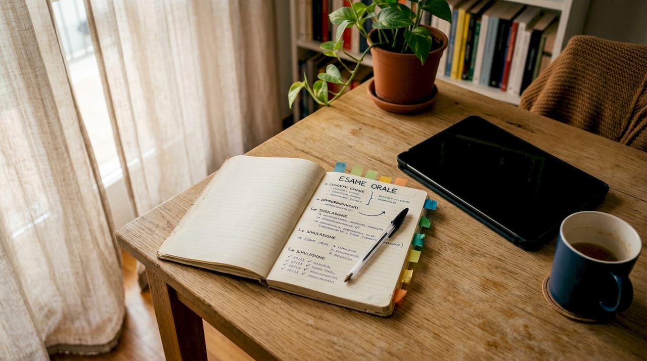 Agenda di studio con sezioni dedicate alla preparazione degli esami orali