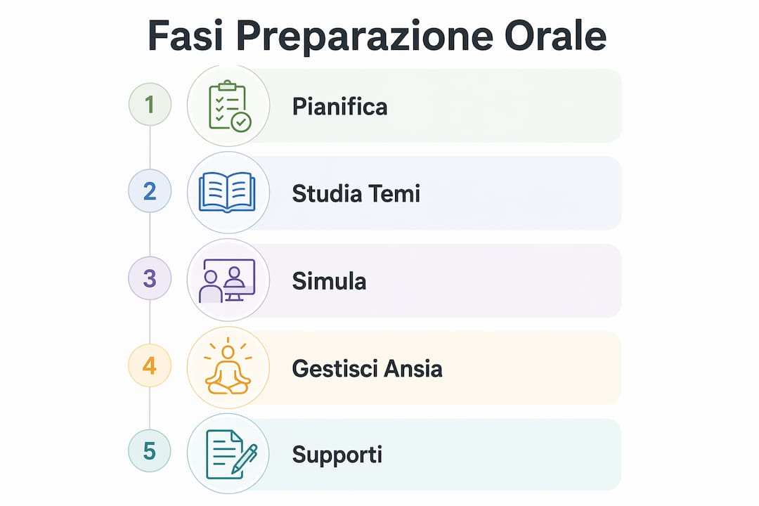 Grafica illustrativa con le varie tappe della preparazione all’esame orale