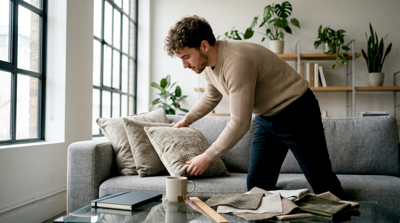 La stylist sistema l’allestimento del loft in vista del servizio fotografico.