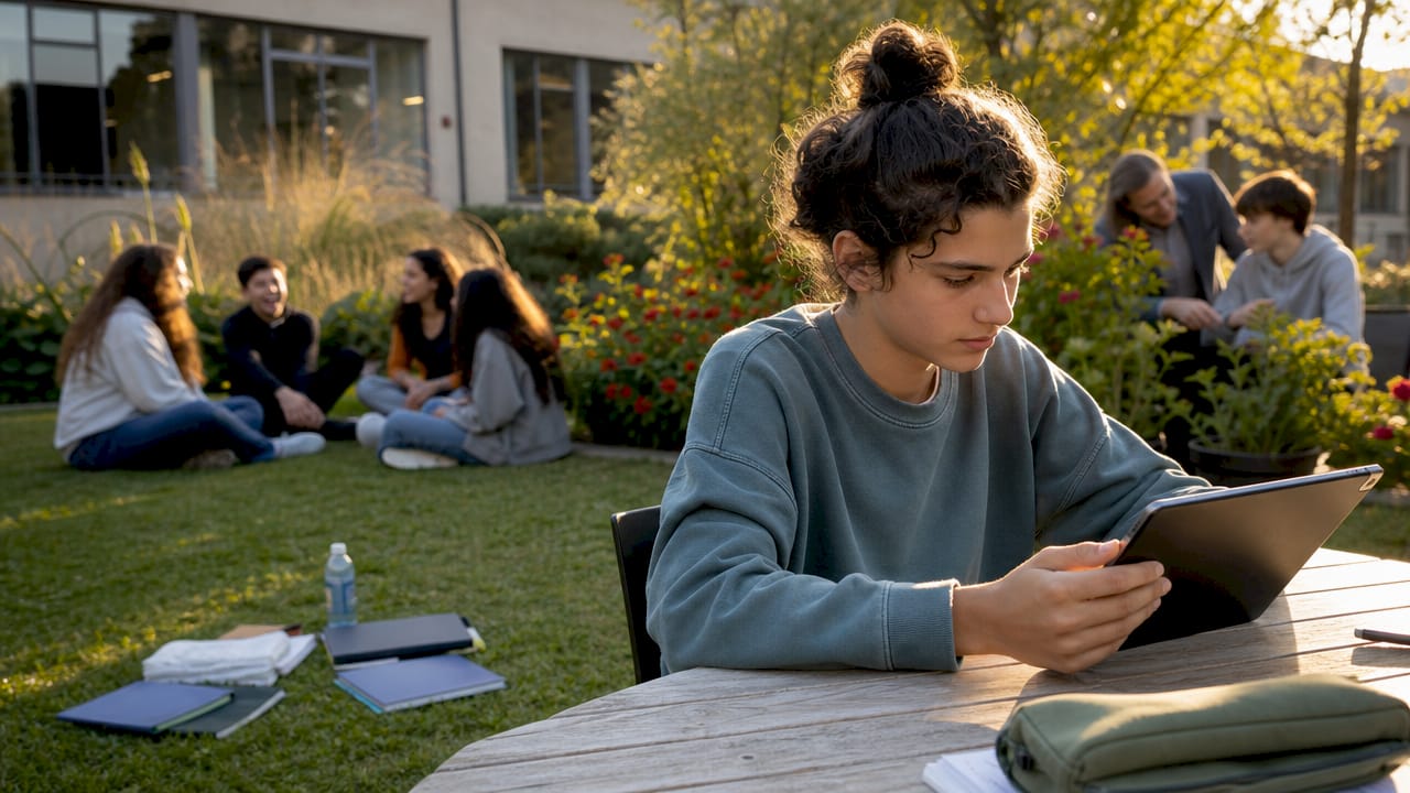 Uno studente alle prese con la didattica digitale in una classe all’avanguardia