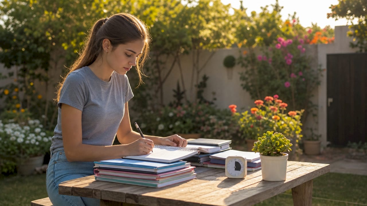 Uno studente seduto alla scrivania che sistema libri, appunti e quaderni per prepararsi allo studio.