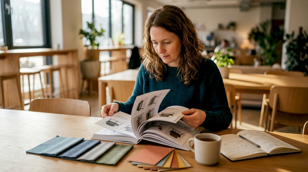 Organizzatore di eventi che valuta il catalogo delle sedie a noleggio per scegliere il design più adatto