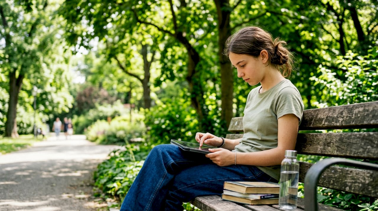 Ragazza adolescente che studia a casa utilizzando il tablet