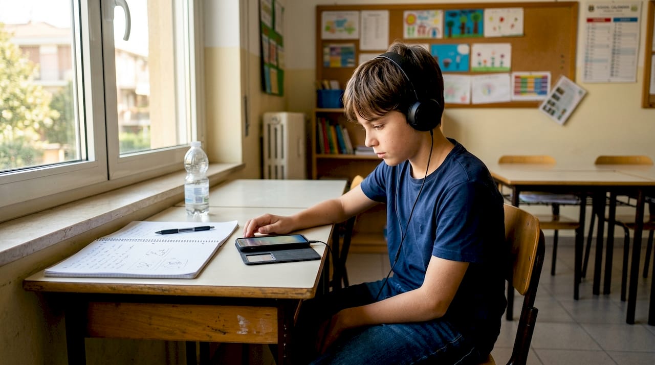 Un ragazzo delle medie che studia al computer nella biblioteca.