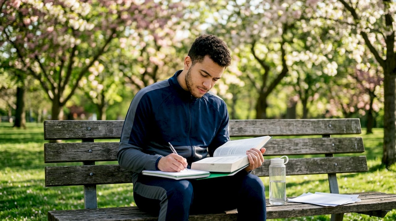 Un giovane sportivo studia alla sua scrivania, circondato dai trofei che ha conquistato con impegno e passione.