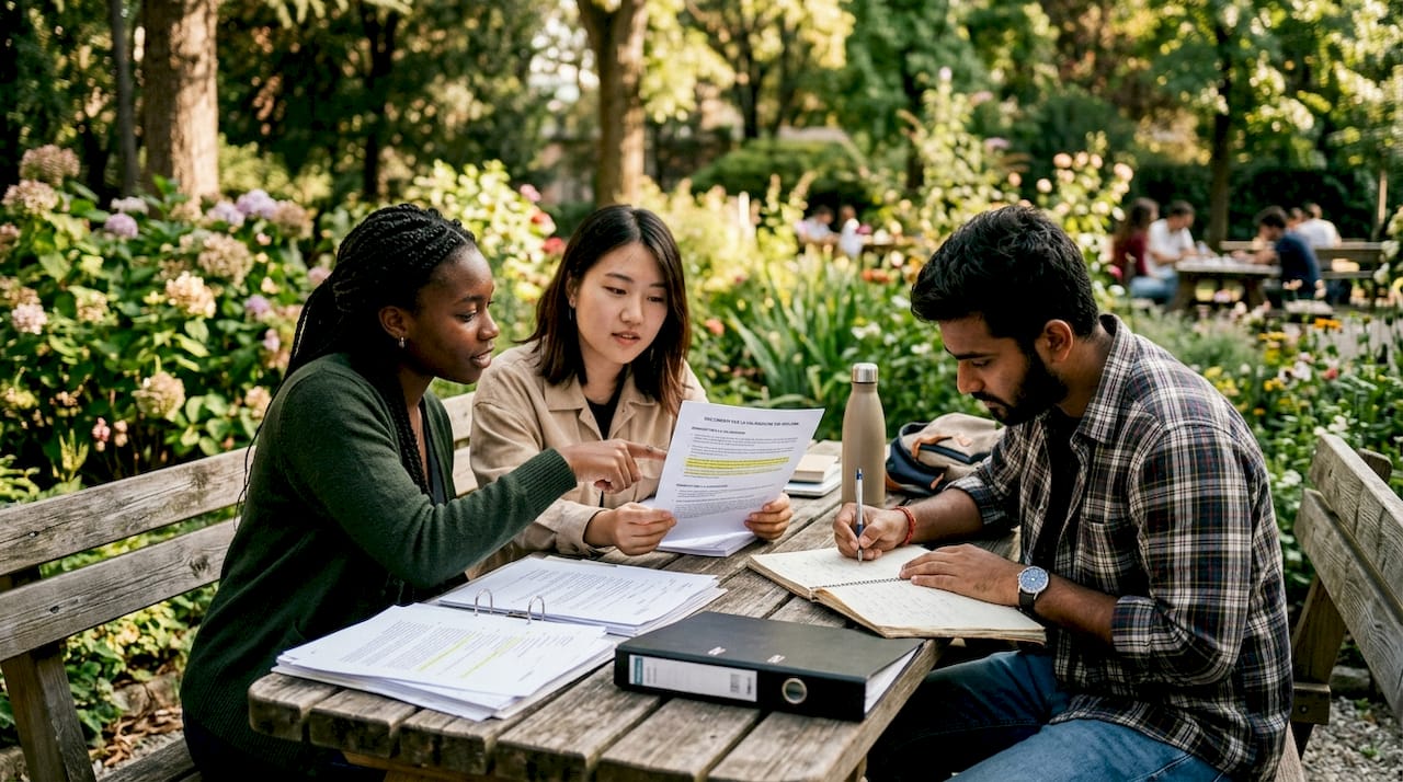 Un gruppo di studenti si confronta sui requisiti necessari per ottenere il diploma, esaminando insieme i documenti e chiarendo eventuali dubbi.