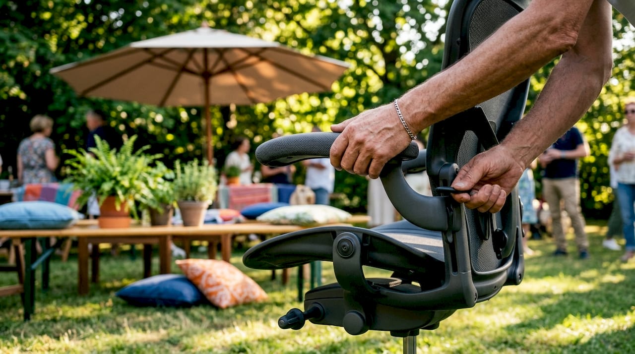 Dettaglio sulle mani che regolano una sedia ergonomica da esterno