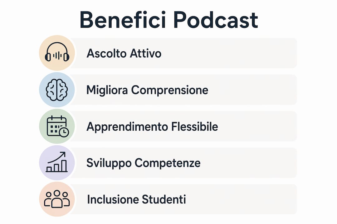 Infografica dedicata ai vantaggi principali dell’ascolto di podcast educativi