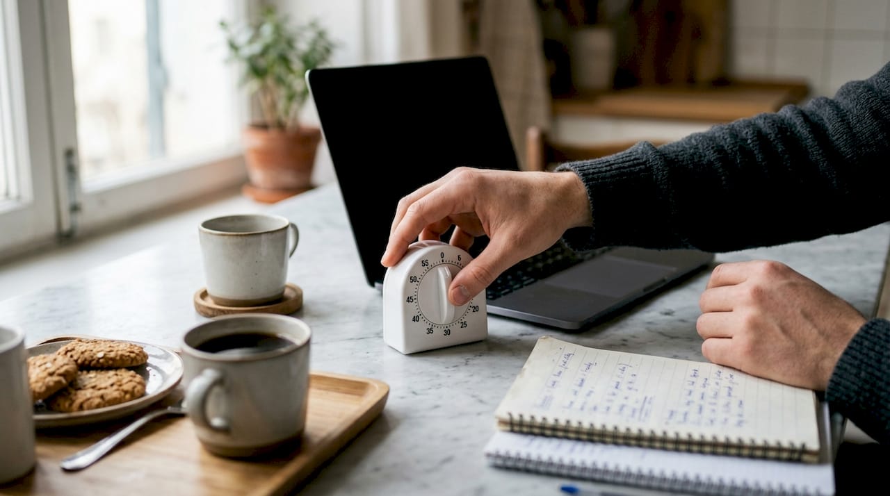 Le mani impostano il timer per la tecnica del pomodoro, pronte a iniziare un nuovo ciclo di lavoro concentrato.