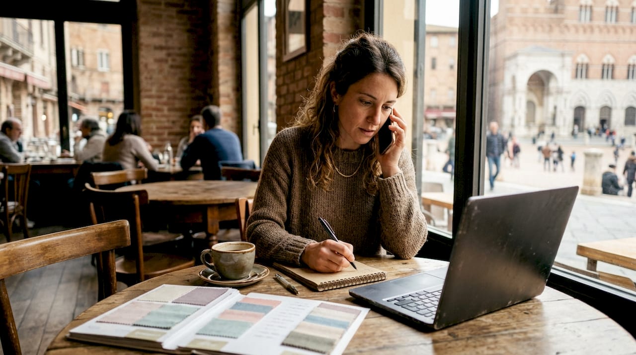 Un professionista annota informazioni importanti durante una telefonata in ufficio.