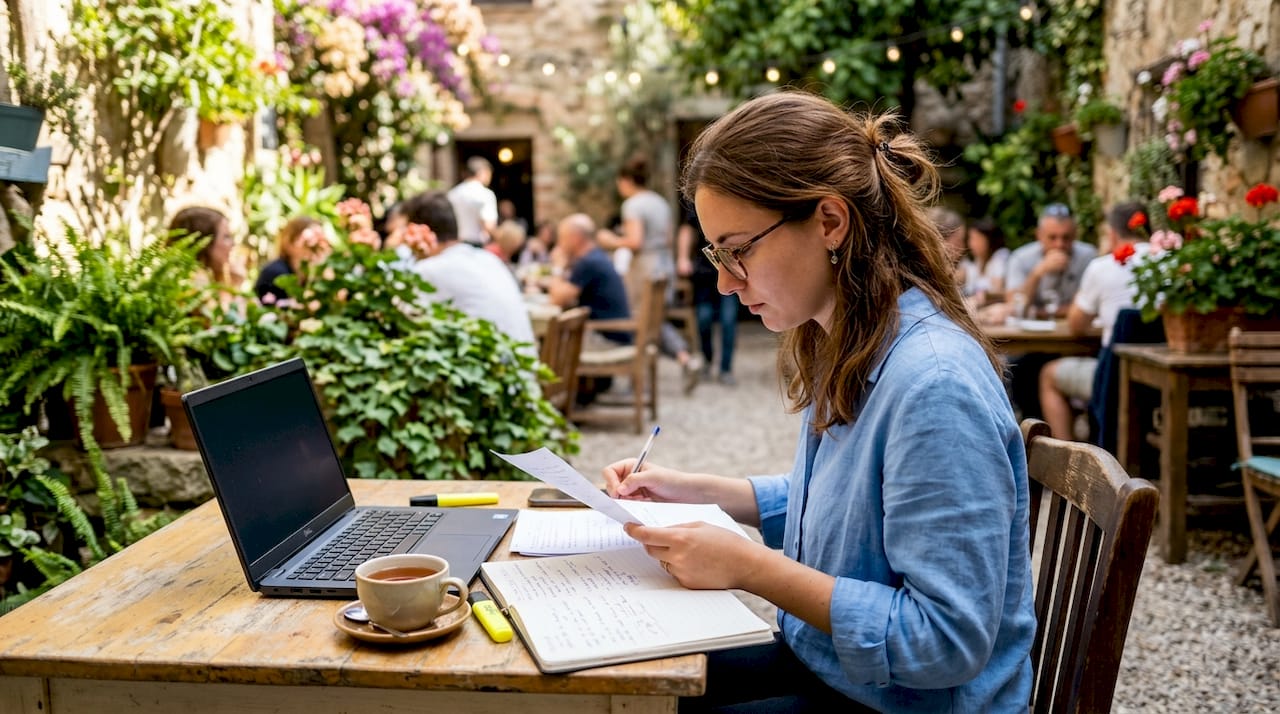 Una donna studia a casa senza accendere il computer portatile.