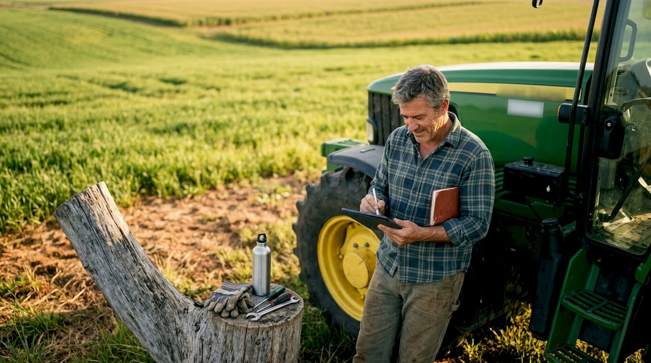 Agricoltore che annota gli interventi di manutenzione sulle attrezzature affittate per brevi periodi