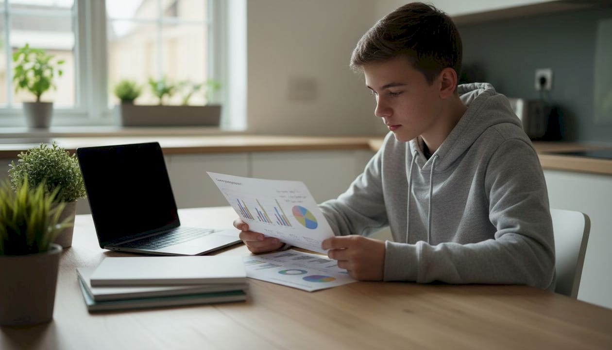 Uno studente che esamina il proprio resoconto sui progressi scolastici