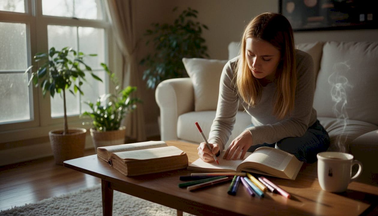 Ragazza concentrata sui libri, immersa nello studio nella tranquillità di casa.