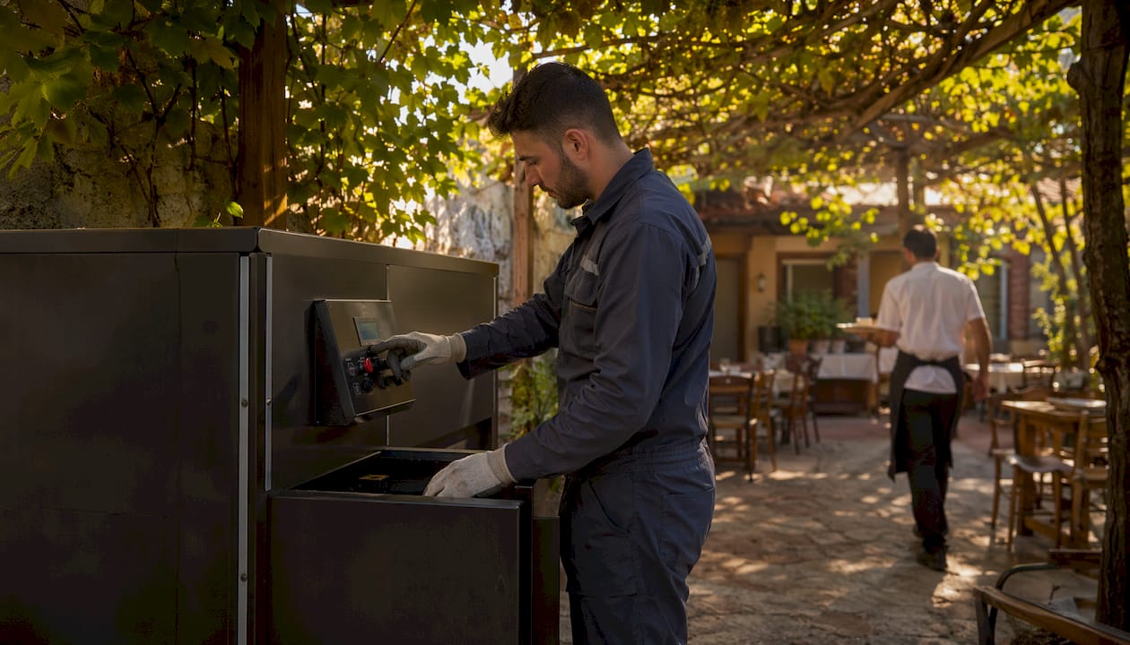 Un tecnico sta installando una compostiera nel cortile del ristorante.