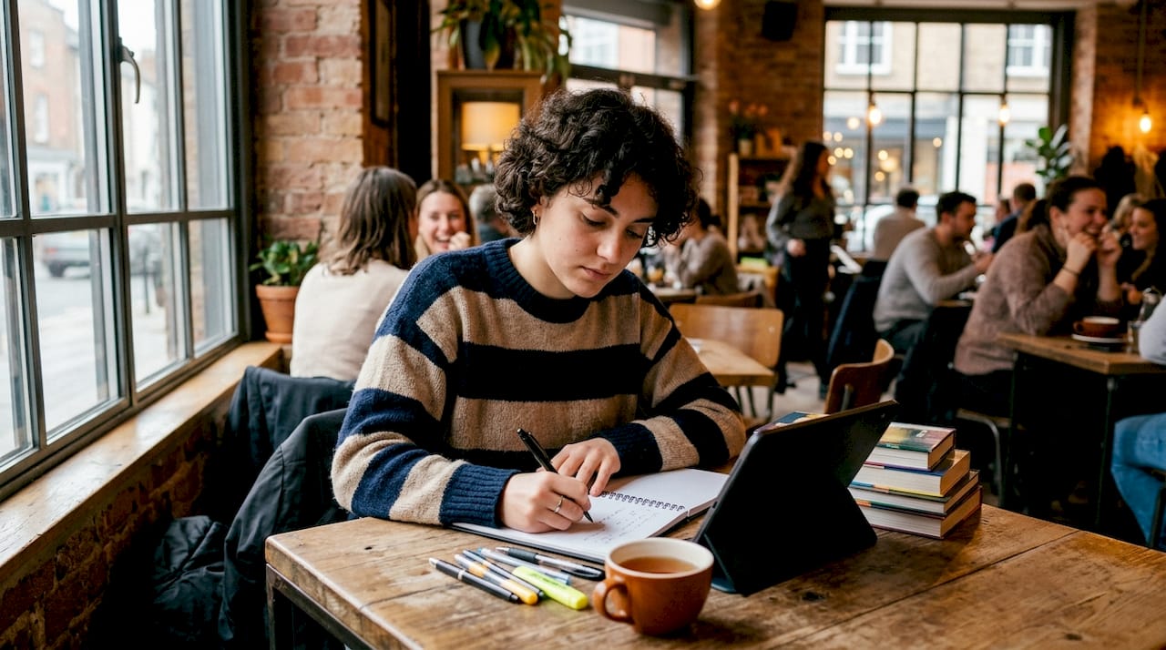 Ragazza impegnata nello studio con tablet e quaderno