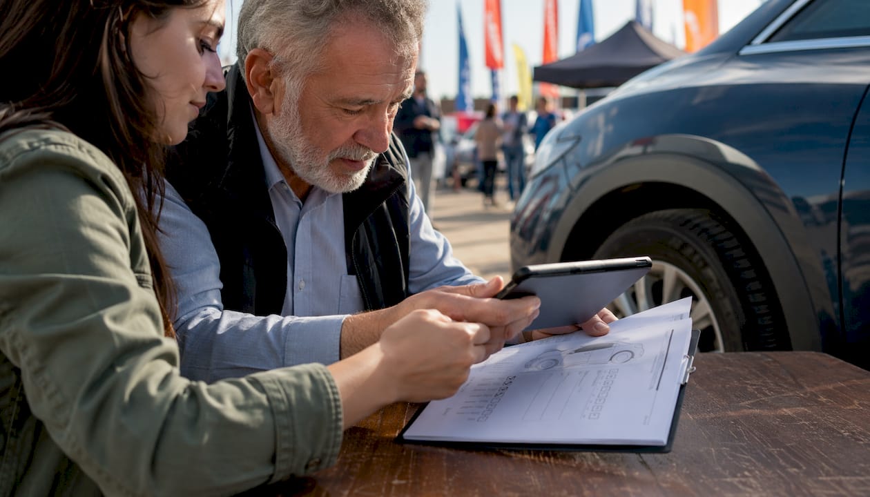 Due persone stanno scattando foto alle auto per documentare lo stato prima di un noleggio.