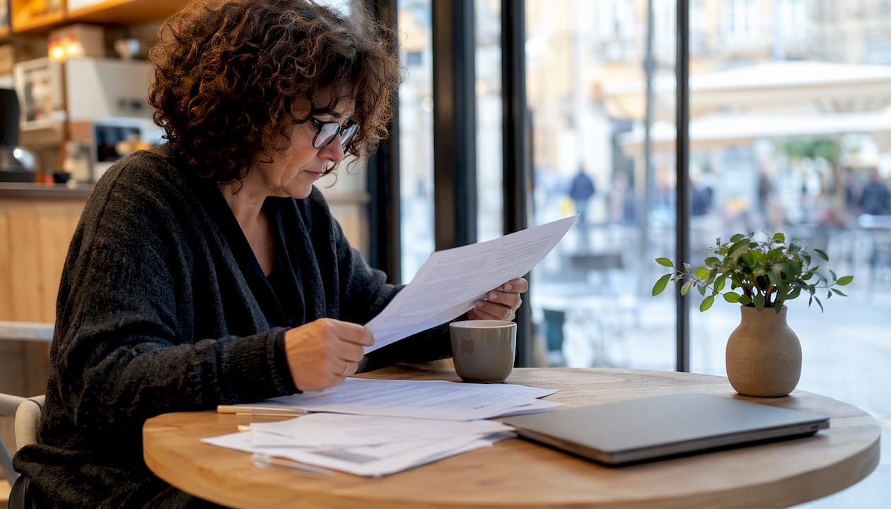Una donna consulta il contratto di un servizio di noleggio peer-to-peer comodamente a casa.