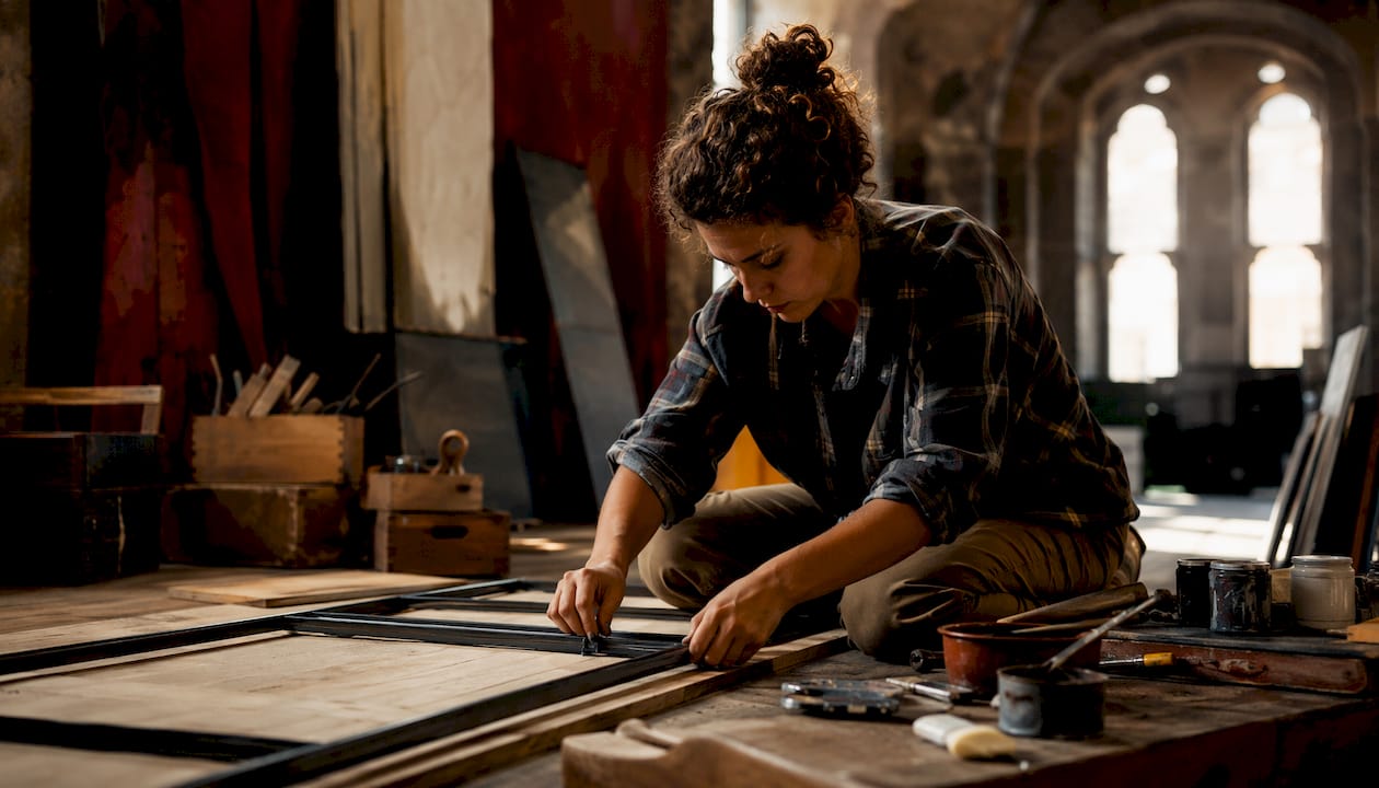 Artigiana al lavoro, impegnata nel montaggio di pannelli scenografici in legno e metallo.