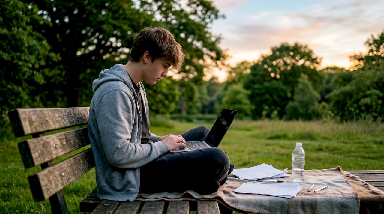 Un ragazzo sta studiando a casa, seduto davanti al suo portatile con la luce della lampada accesa sulla scrivania.