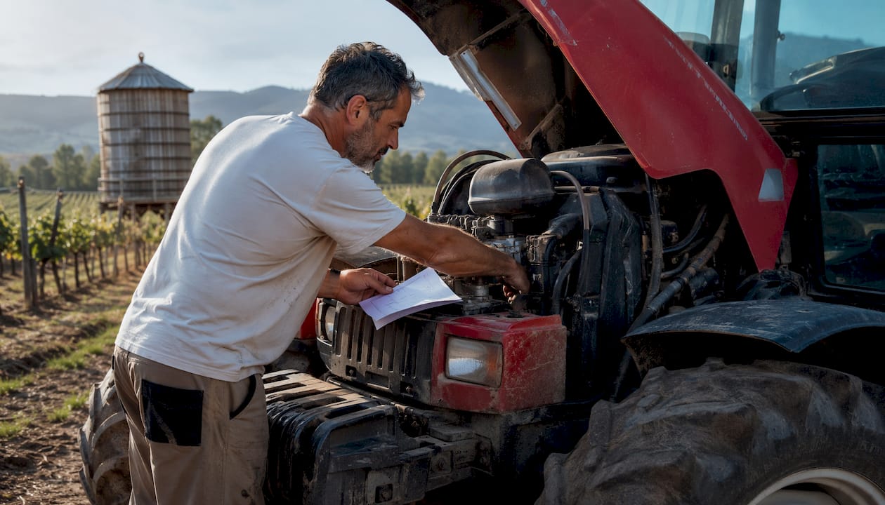 Agricoltore che controlla attentamente un trattore a noleggio all’aperto