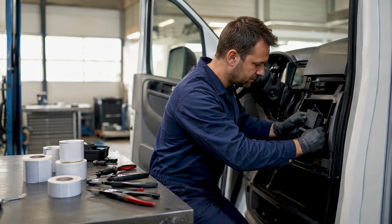 Un tecnico al lavoro sull’installazione di un dispositivo GPS all’interno di un’auto a noleggio.