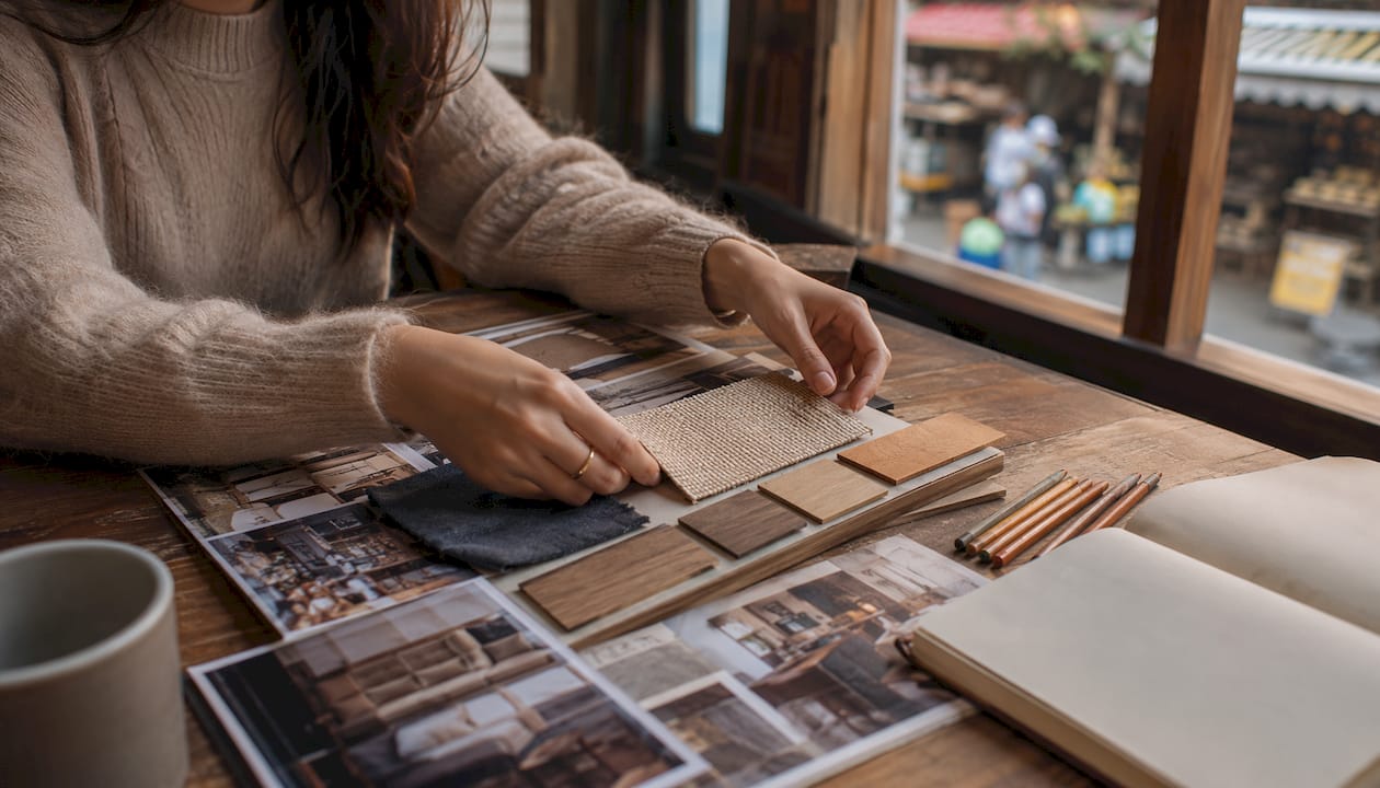 Mani che compongono una moodboard per l’arredamento di un salotto