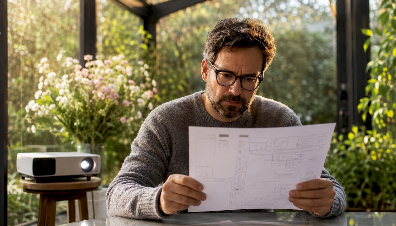 Un uomo controlla le caratteristiche tecniche di un proiettore.