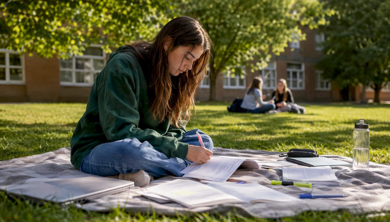 Ragazza seduta al tavolo in biblioteca, immersa nello studio dei suoi appunti.