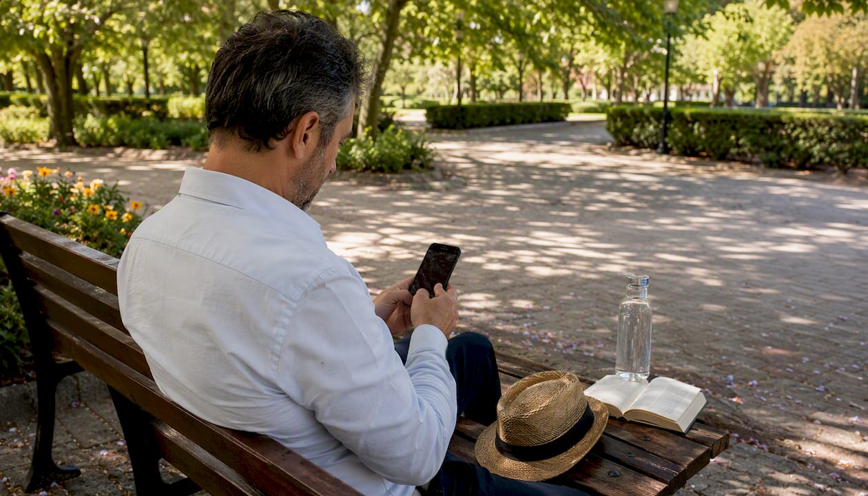 Mani che scorrono annunci di case in affitto sullo smartphone mentre si è all’aperto
