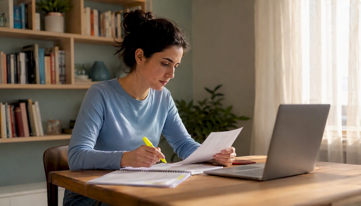 Donna che verifica e confronta i documenti necessari per conseguire il diploma online