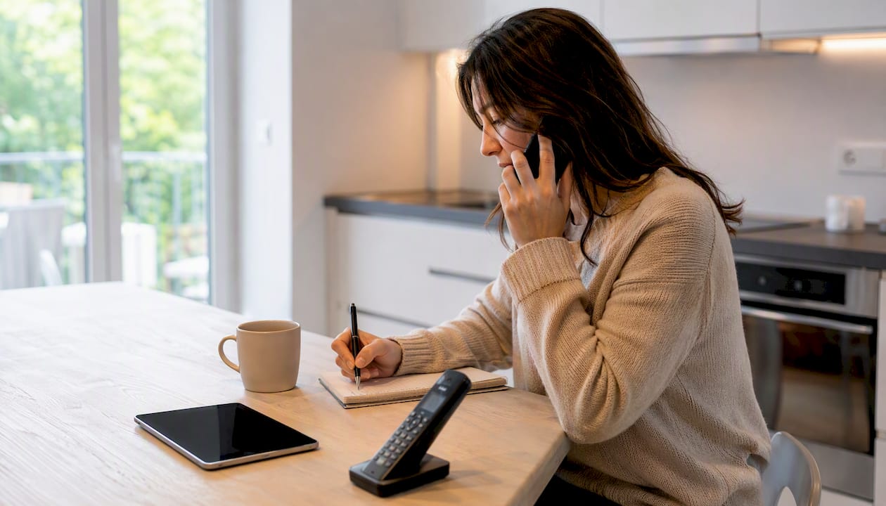 Una donna annota delle informazioni mentre parla con l’assistenza clienti al telefono.
