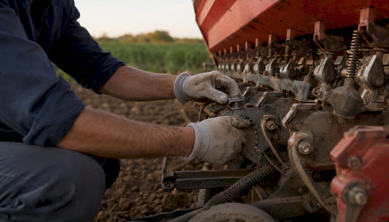 Un piccolo agricoltore alle prese con la regolazione della seminatrice, pronto a sistemare ogni dettaglio per una semina perfetta.