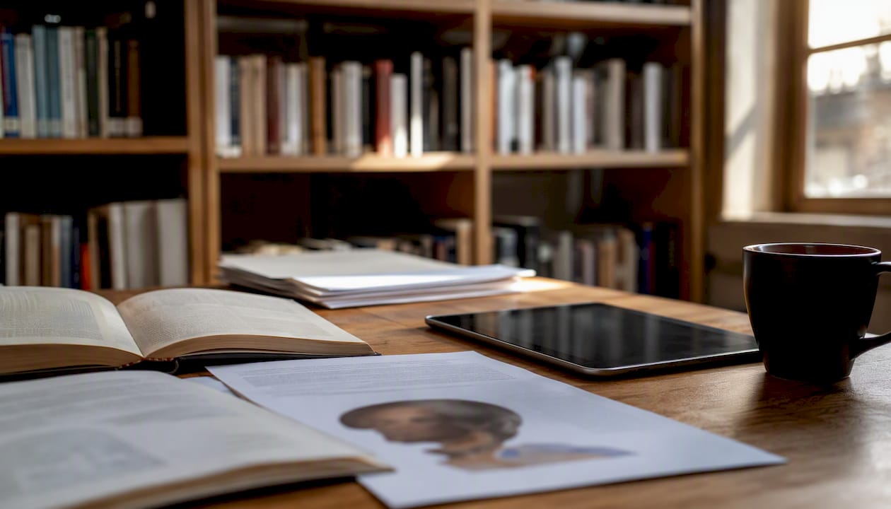 Libri e appunti di scienze umane sparsi sulla scrivania