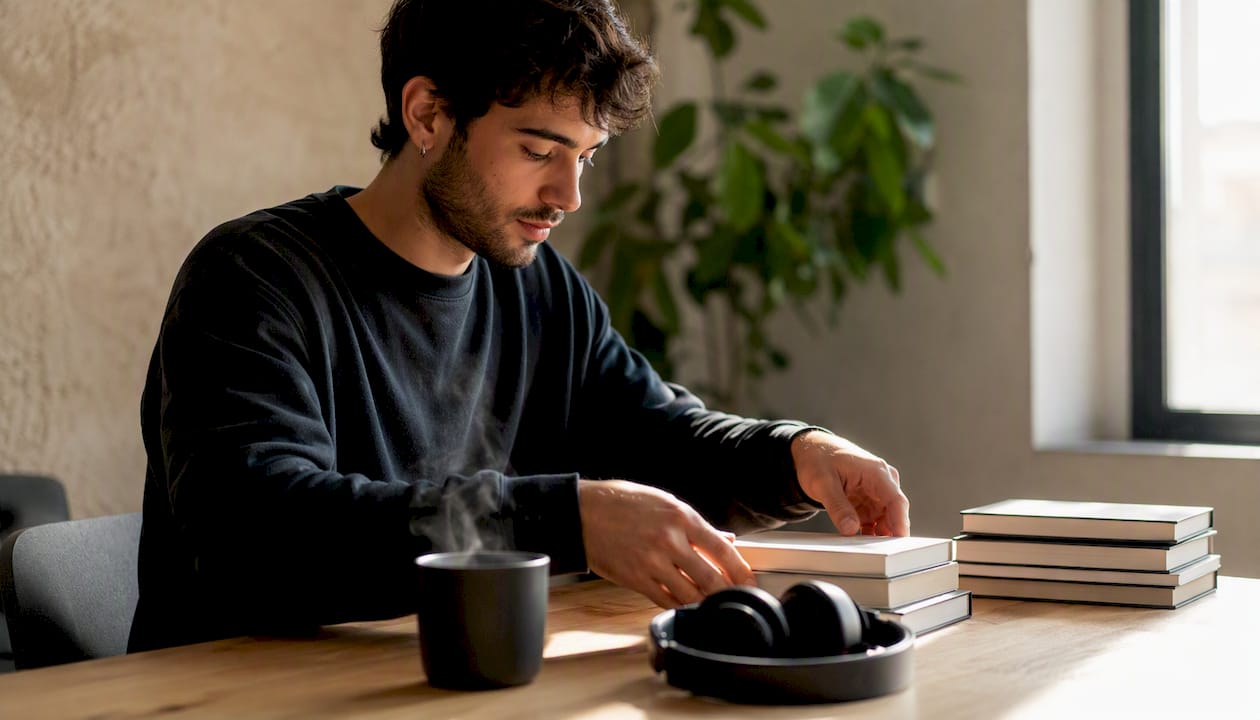 Scrivania da studio con libri e cuffie appoggiate sopra