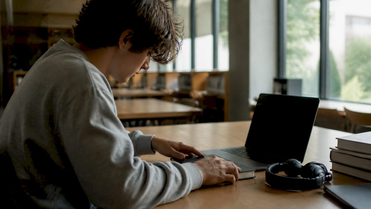 Uno studente sistema con cura libri, quaderni e penne sulla scrivania di casa, preparando tutto il necessario per lo studio.