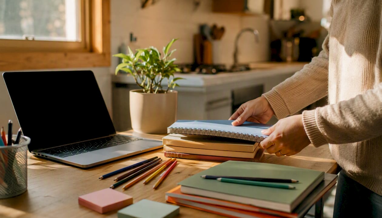 Mani adulte che sistemano libri e appunti per lo studio
