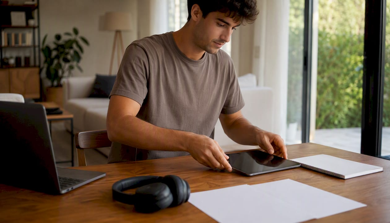 Ragazzo che si prepara per il diploma studiando alla scrivania con il computer