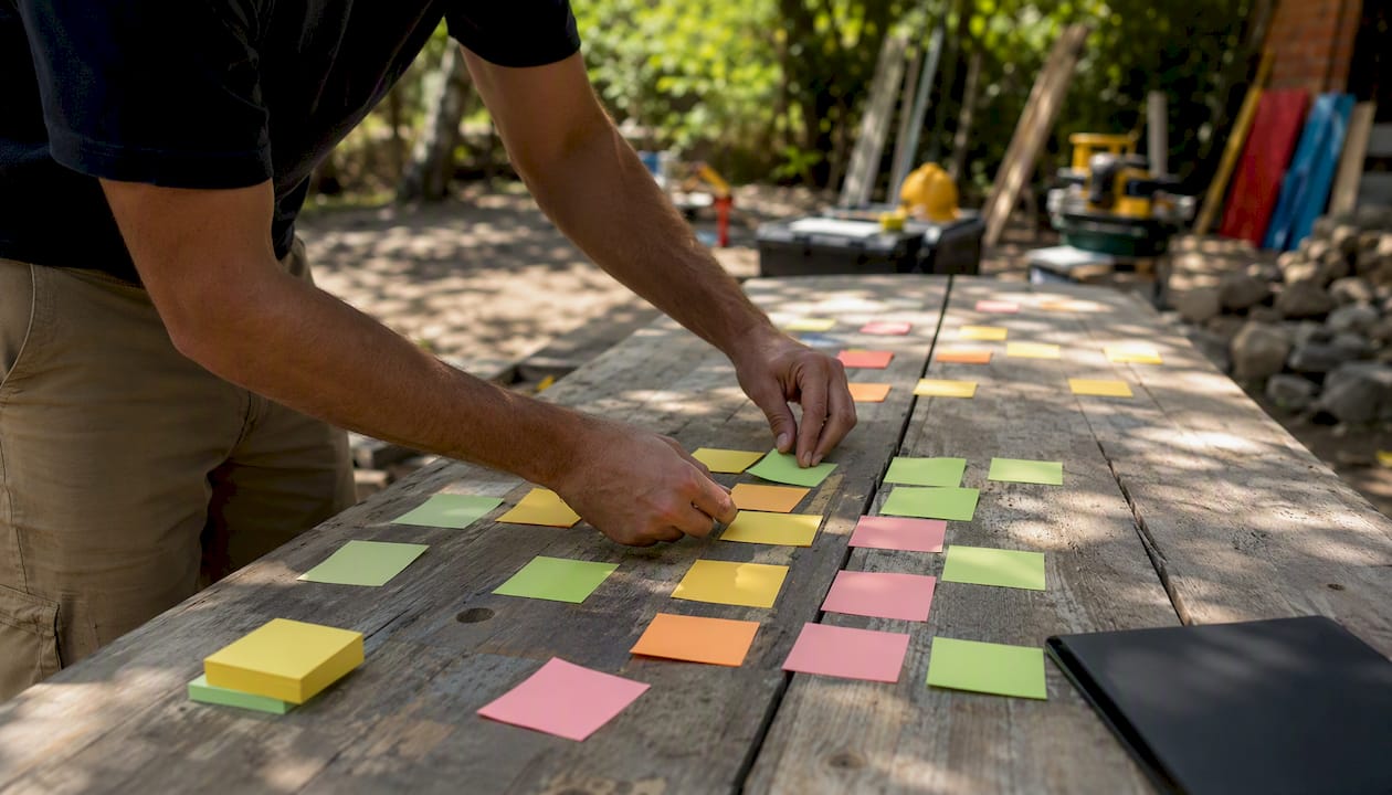 Mani al lavoro nell’organizzare appunti e schemi per la progettazione di un dashboard BI