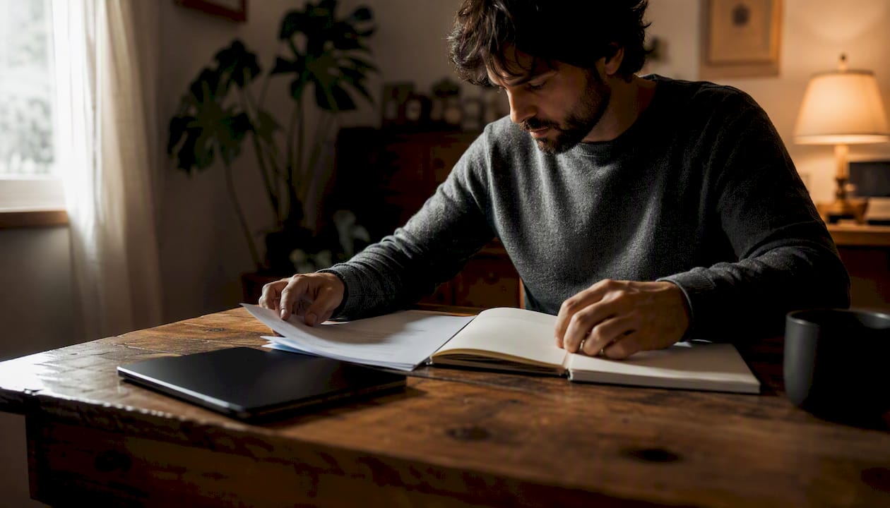 Una persona adulta che sistema a casa i materiali per prepararsi all’esame di diploma.