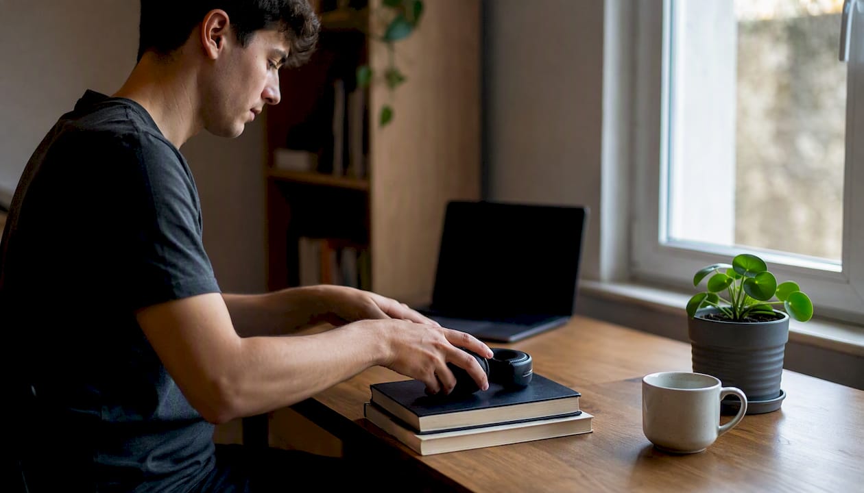 Studente che sistema il proprio spazio di studio online